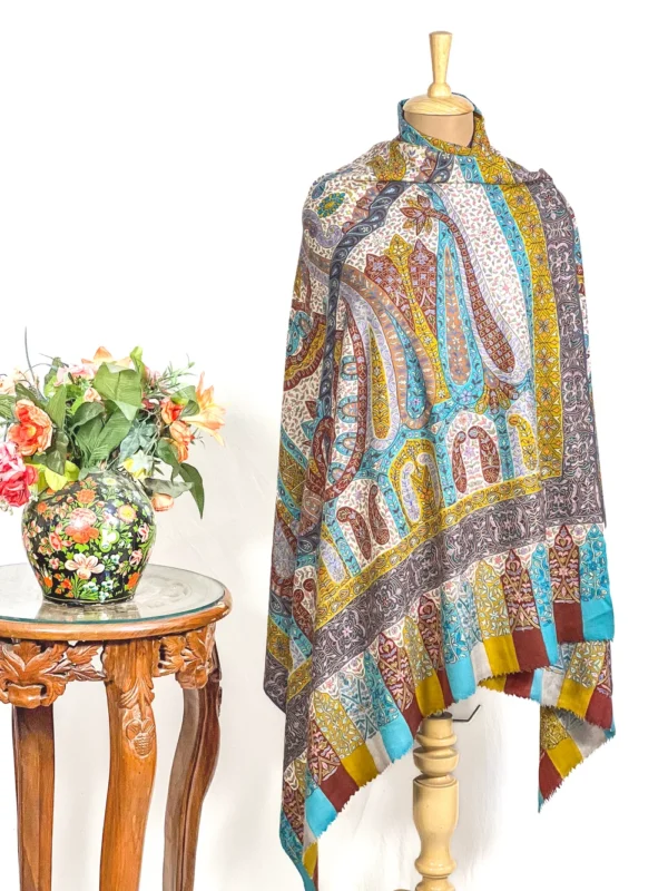 Multi Colour Pure Pashmina Shawl with Artistic Kalamkari Hand Embroidery