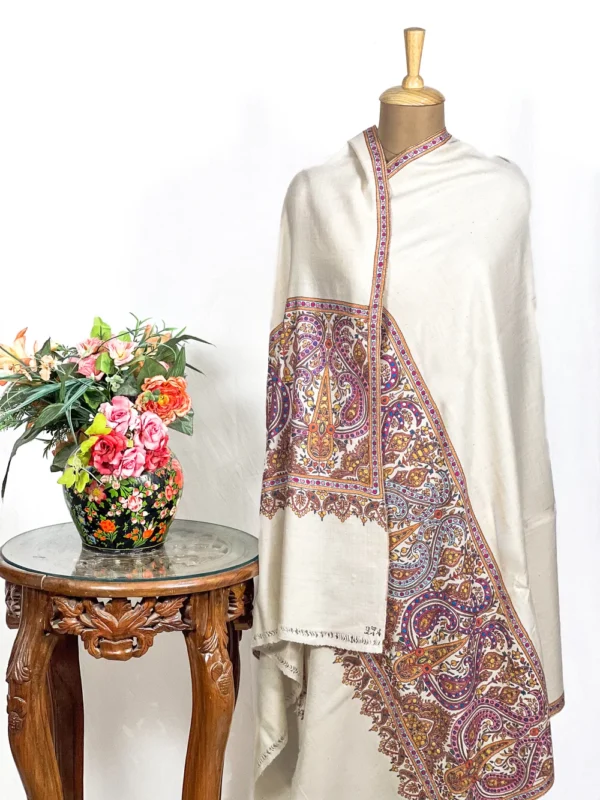 Pure Pashmina Off-White  Shawl With Papier Mache Hand Embroidery