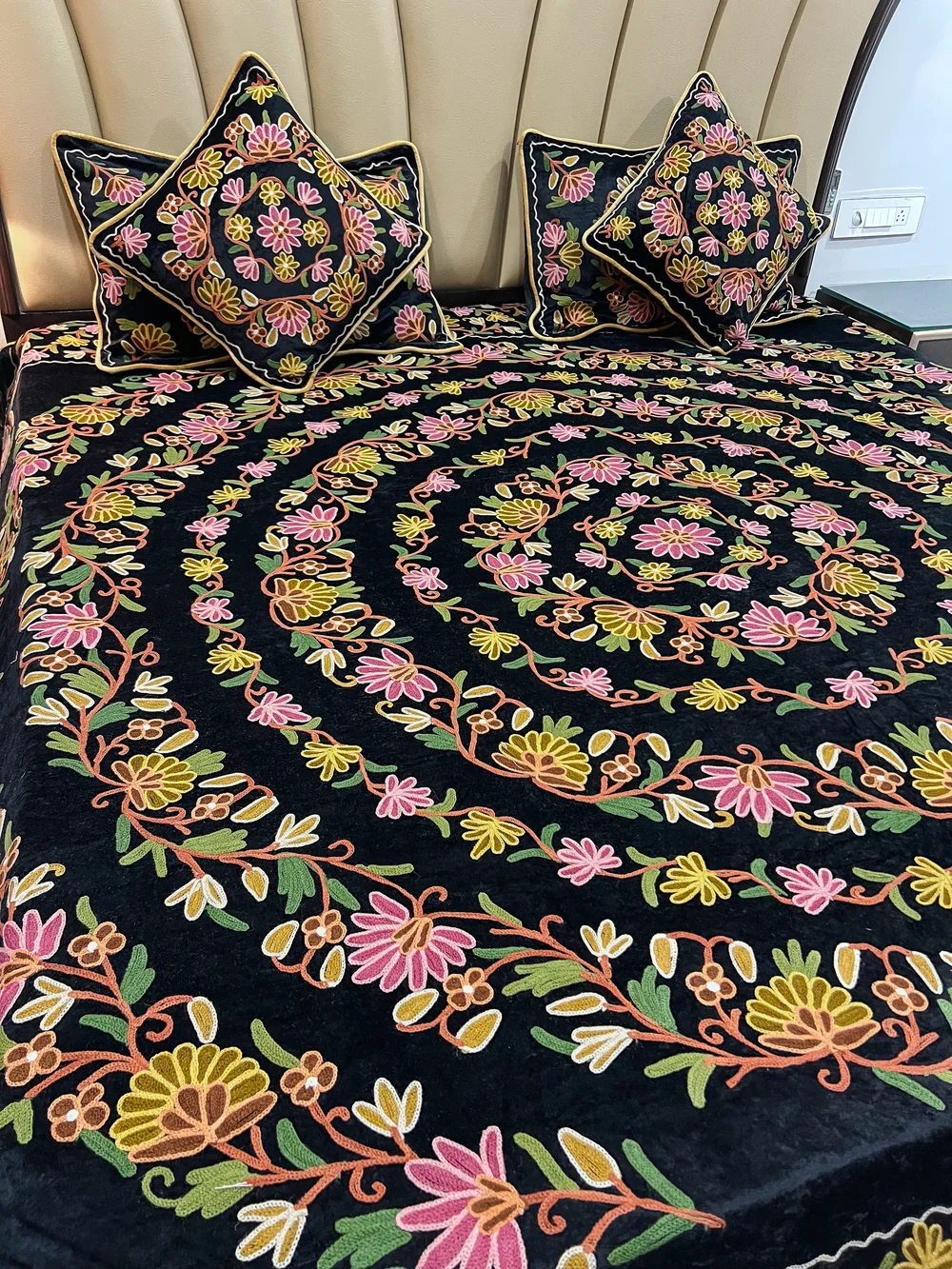 Black Velvet Bed Cover with Floral Design Aari Embroidery Close Up Black Velvet Bed Cover with Floral Design Aari Embroidery