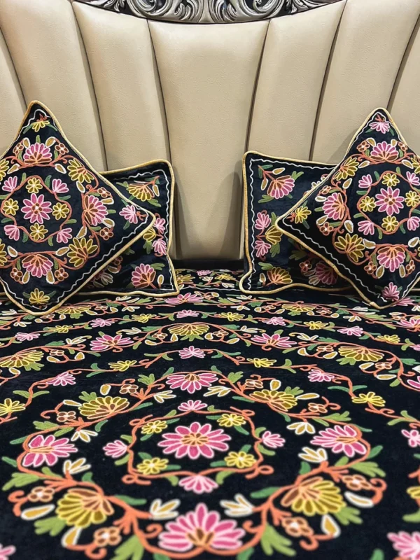 Black Velvet Bed Cover with Floral Design Aari Embroidery