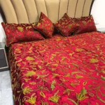 Red Velvet Bed Cover with Floral Design Aari Embroidery