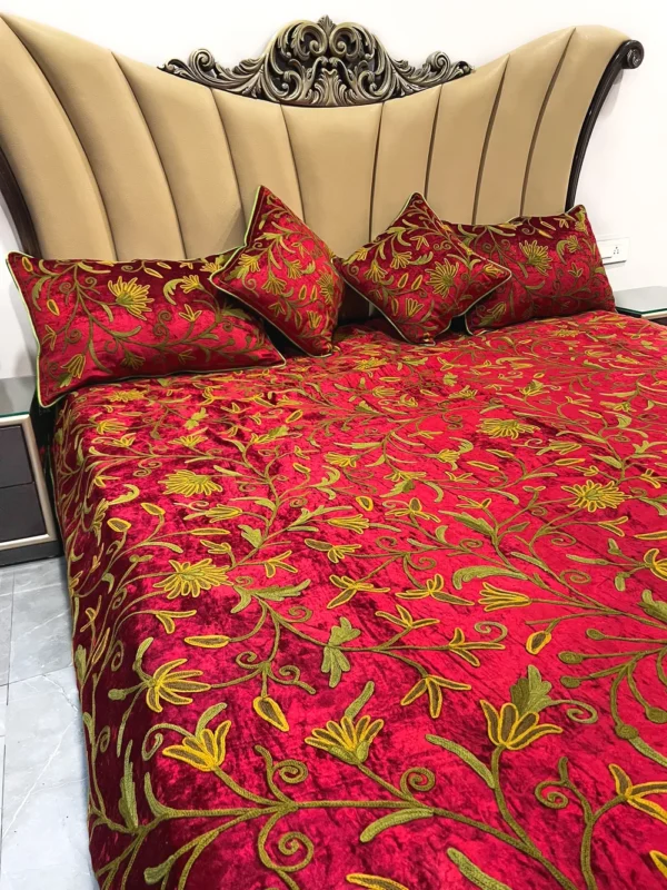 Red Velvet Bed Cover with Floral Design Aari Embroidery