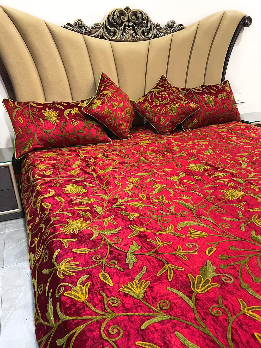 Red Velvet Bed Cover with Floral Design Aari Embroidery
