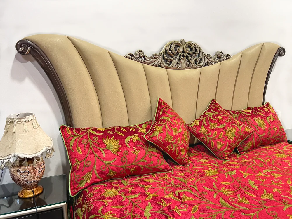 Red Velvet Bed Cover with Floral Design Aari Embroidery