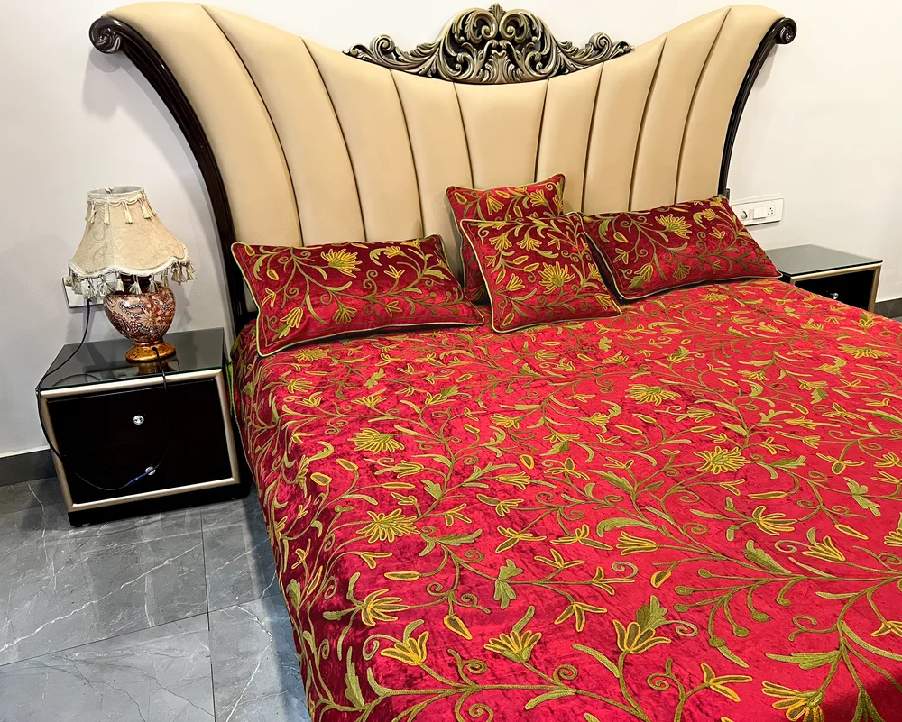 Red Velvet Bed Cover with Floral Design Aari Embroidery