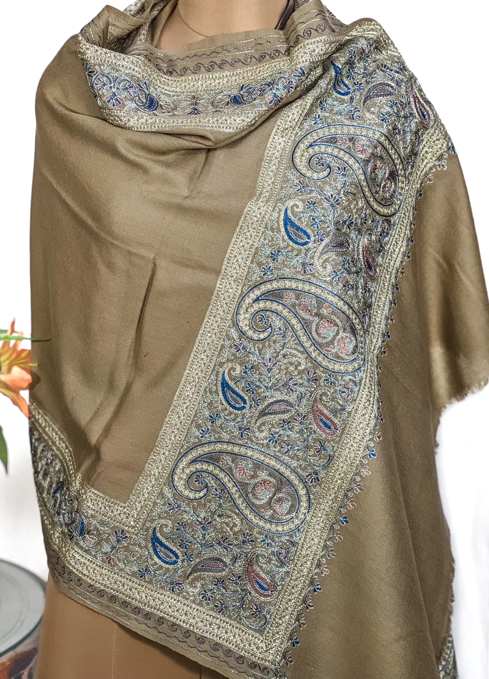 Pure Wool Stole with Zari and Thread Embroidery