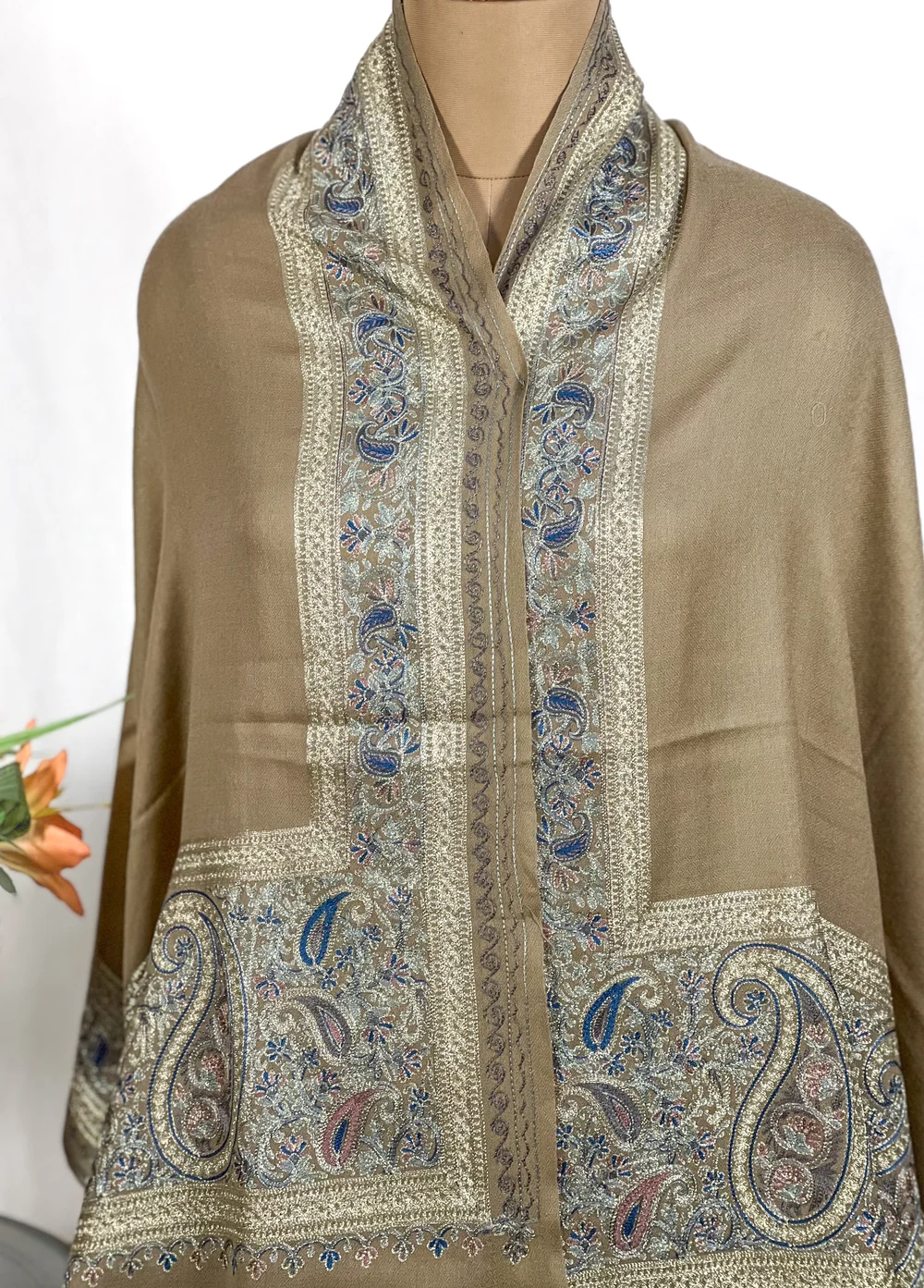 Pure Wool Stole with Zari and Thread Embroidery