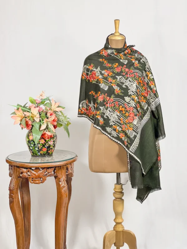 Pure Wool Stole with Floral Thread Machine Embroidery