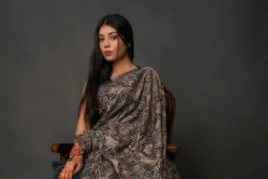 Model wearing Silk Aari Embroidered-Kashmiri-Saree