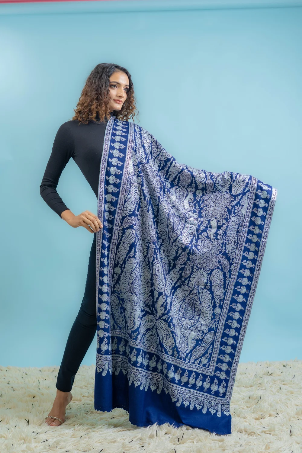 Blue Pure Pashmina Shawl With Sozni And Tilla Hand Embroidery
