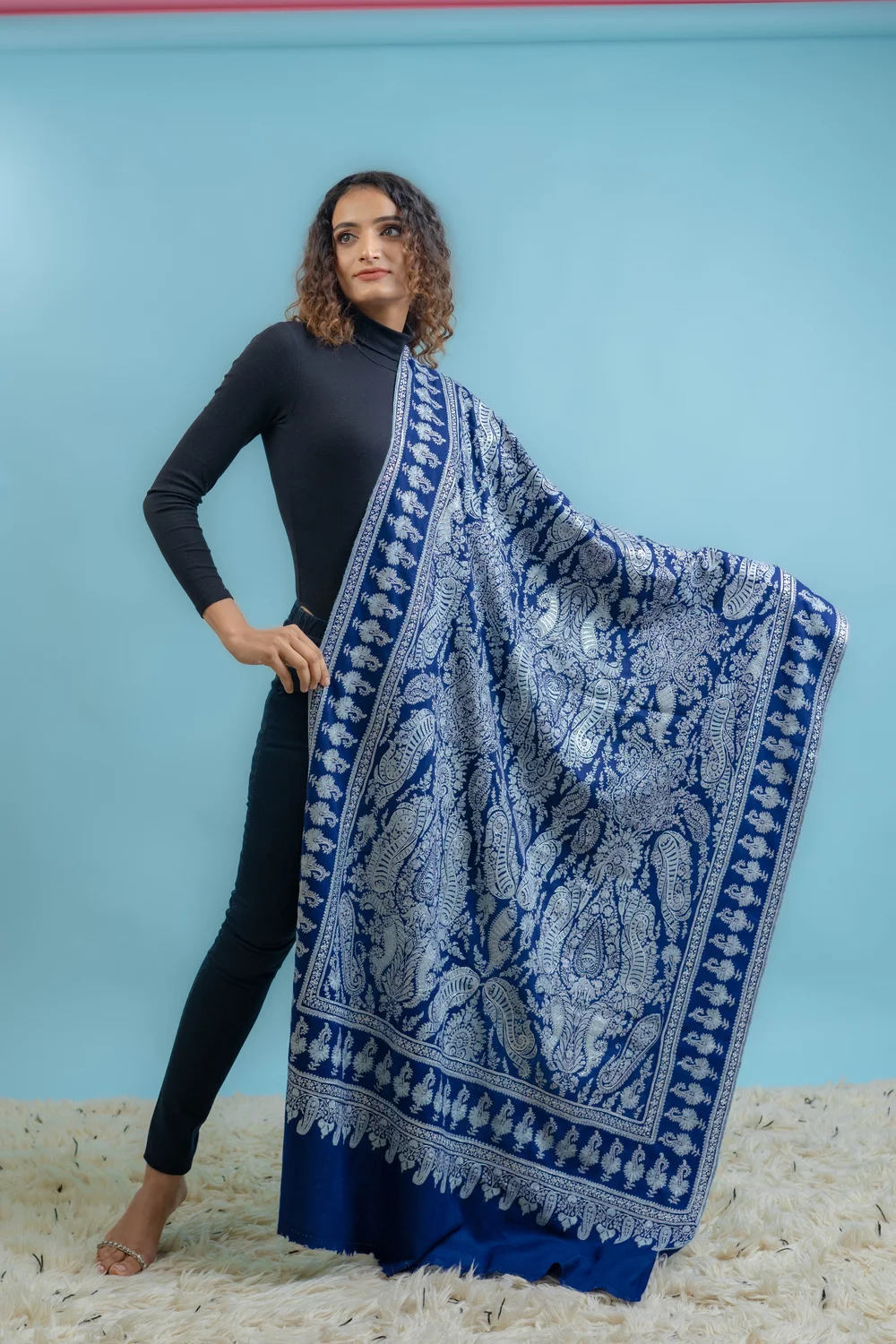 Blue Pure Pashmina Shawl With Sozni And Tilla Hand Embroidery