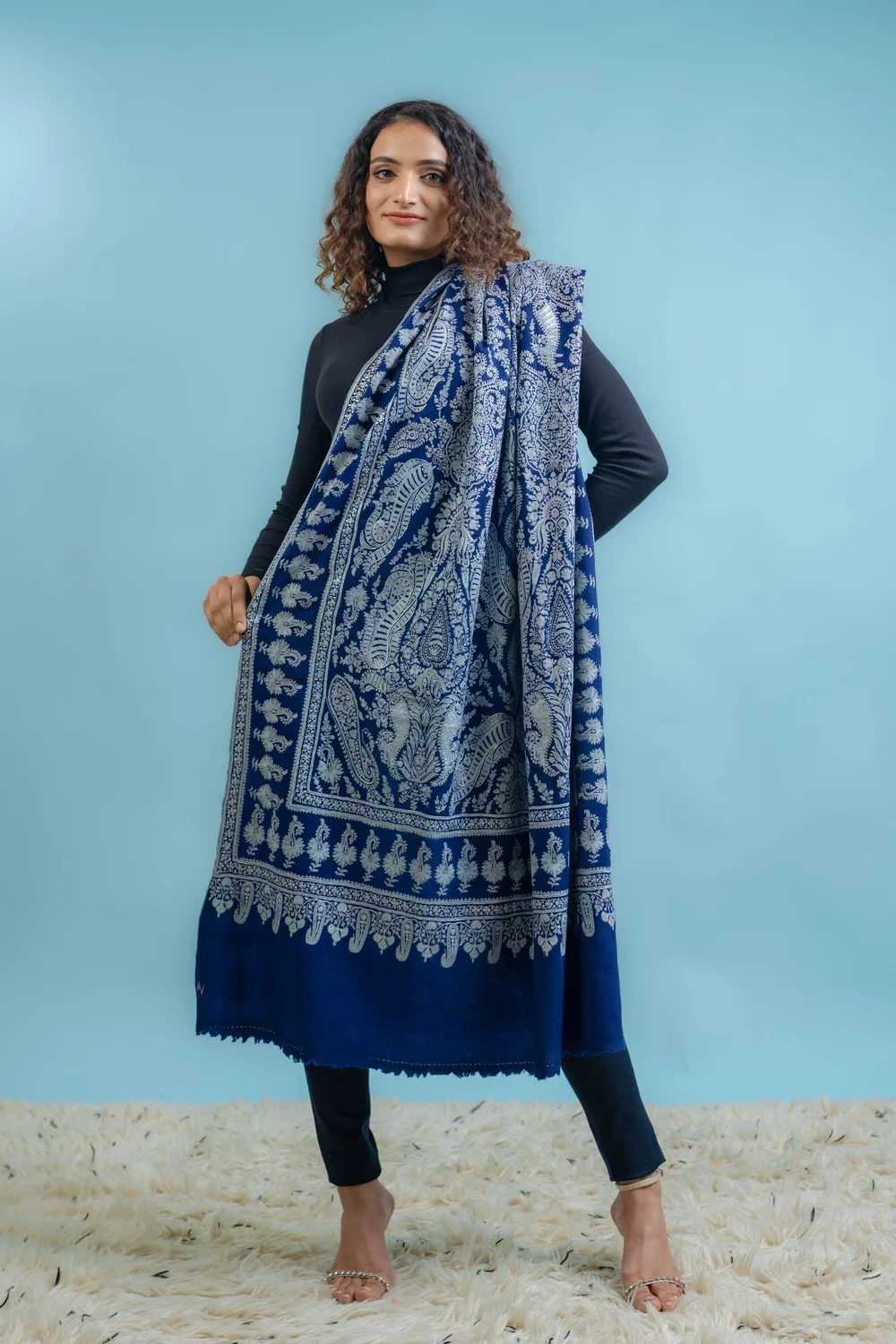 Blue Pure Pashmina Shawl With Sozni And Tilla Hand Embroidery