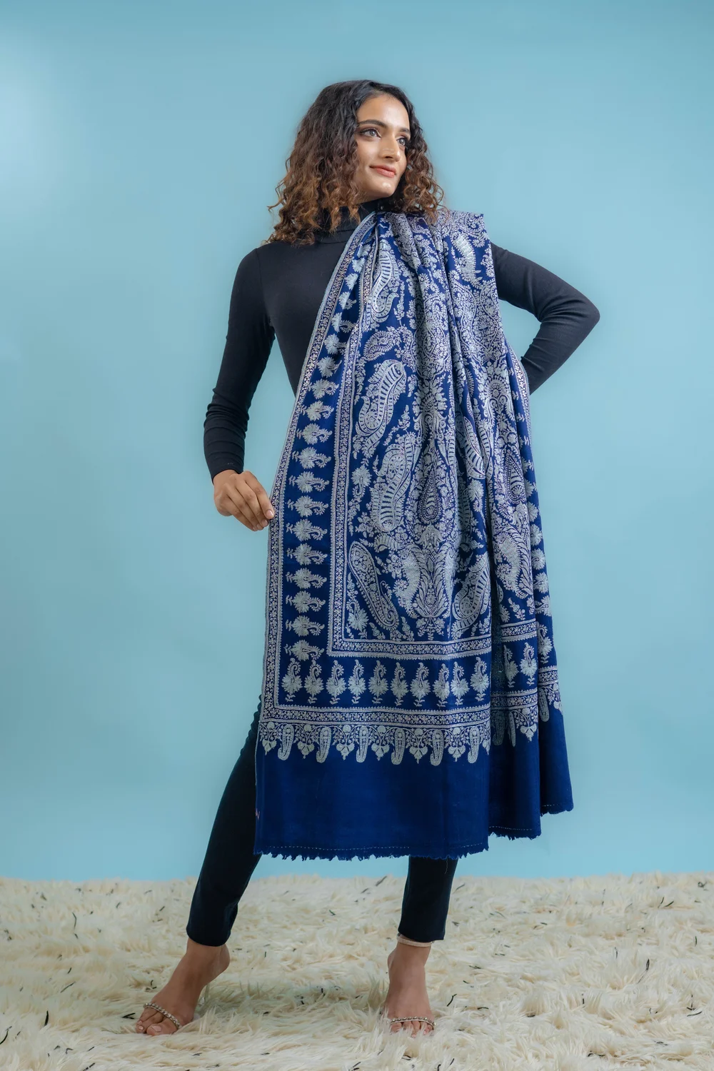 Blue Pure Pashmina Shawl With Sozni And Tilla Hand Embroidery