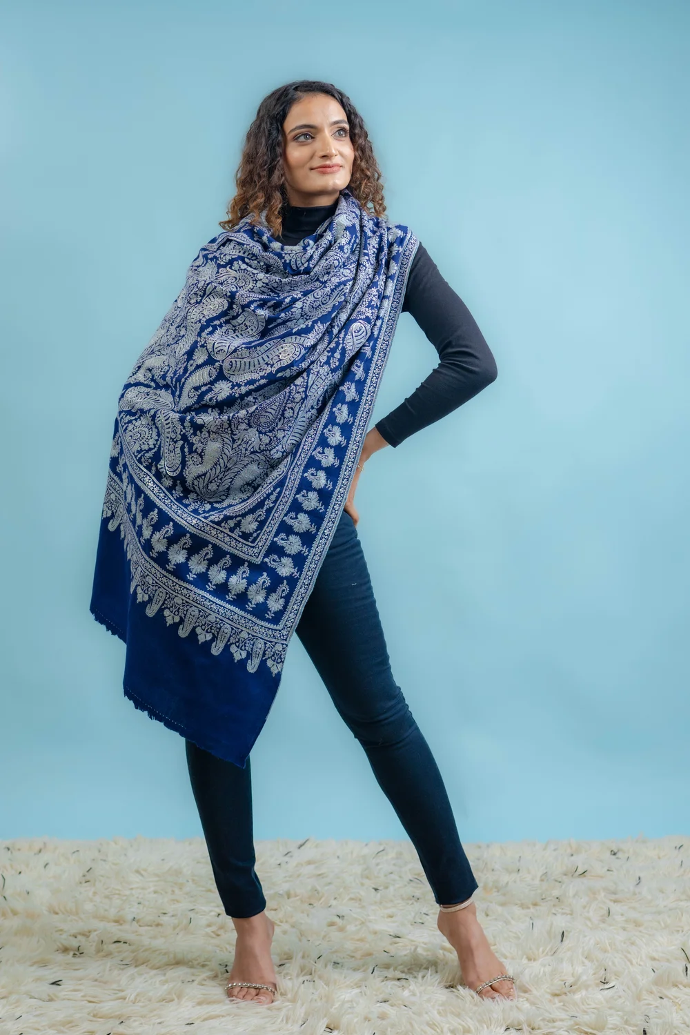 Blue Pure Pashmina Shawl With Sozni And Tilla Hand Embroidery