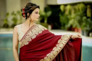 lady wearing red silk saree