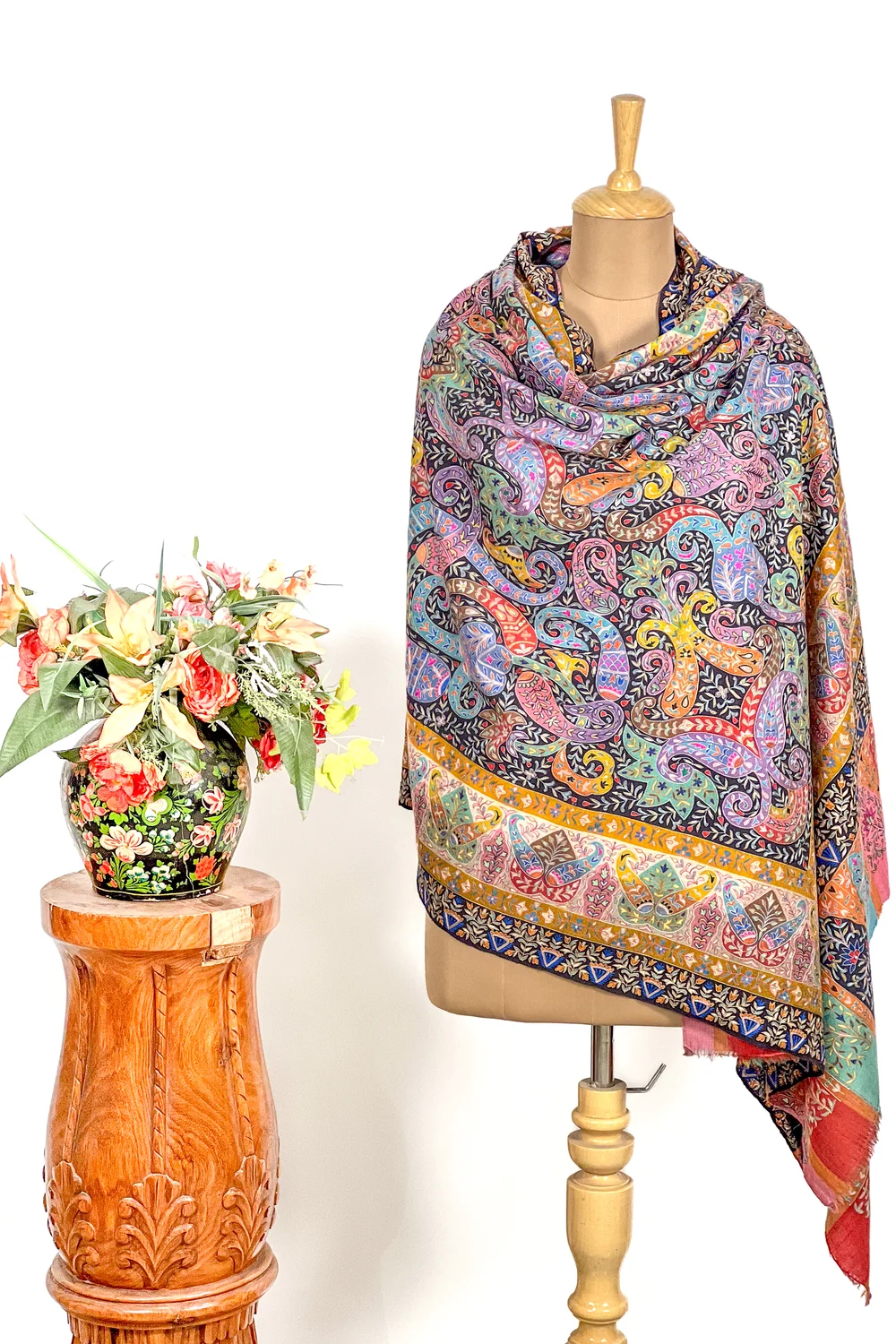 Multi-Colour Kalamkari Hand Embroidery Pure Pashmina Shawl
