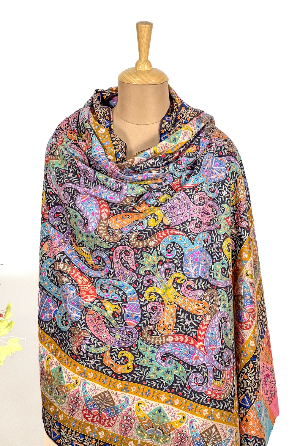 Multi-Colour Kalamkari Hand Embroidery Pure Pashmina Shawl