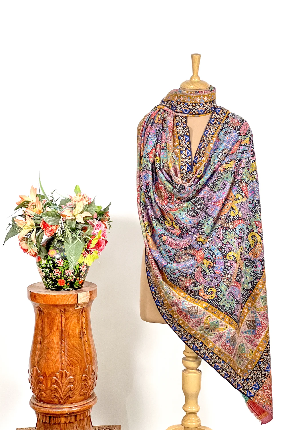 Multi-Colour Kalamkari Hand Embroidery Pure Pashmina Shawl