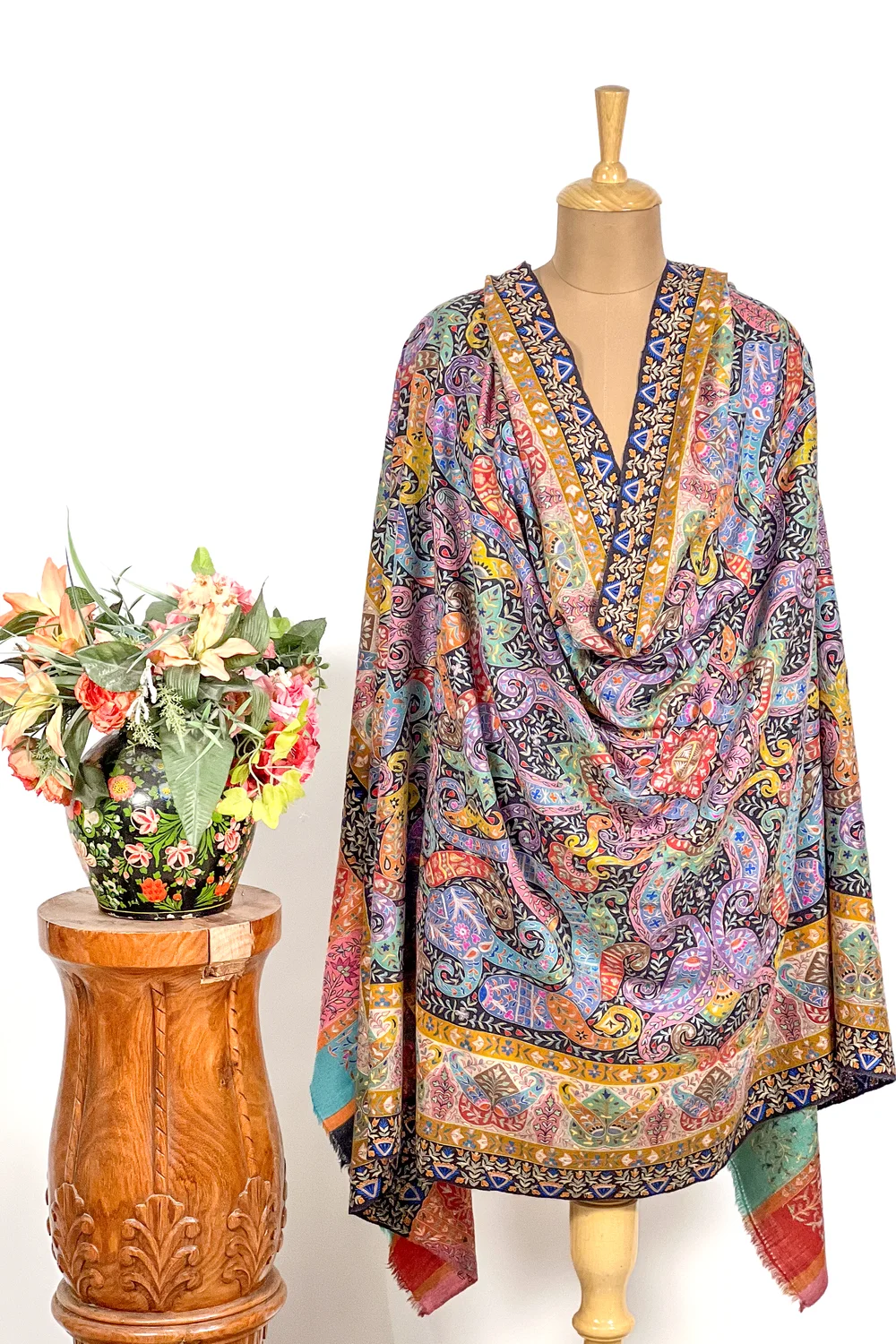 Multi-Colour Kalamkari Hand Embroidery Pure Pashmina Shawl