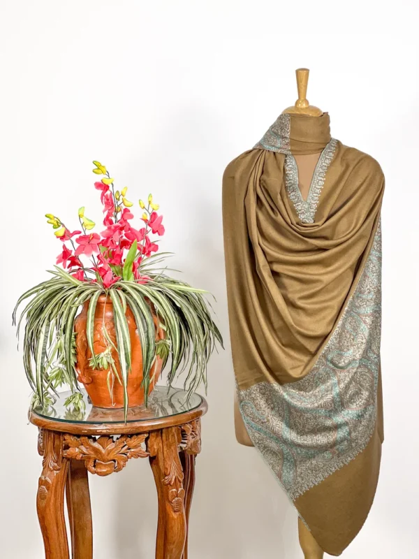 Beige Pure Pashmina Shawl With Palla Embroidery