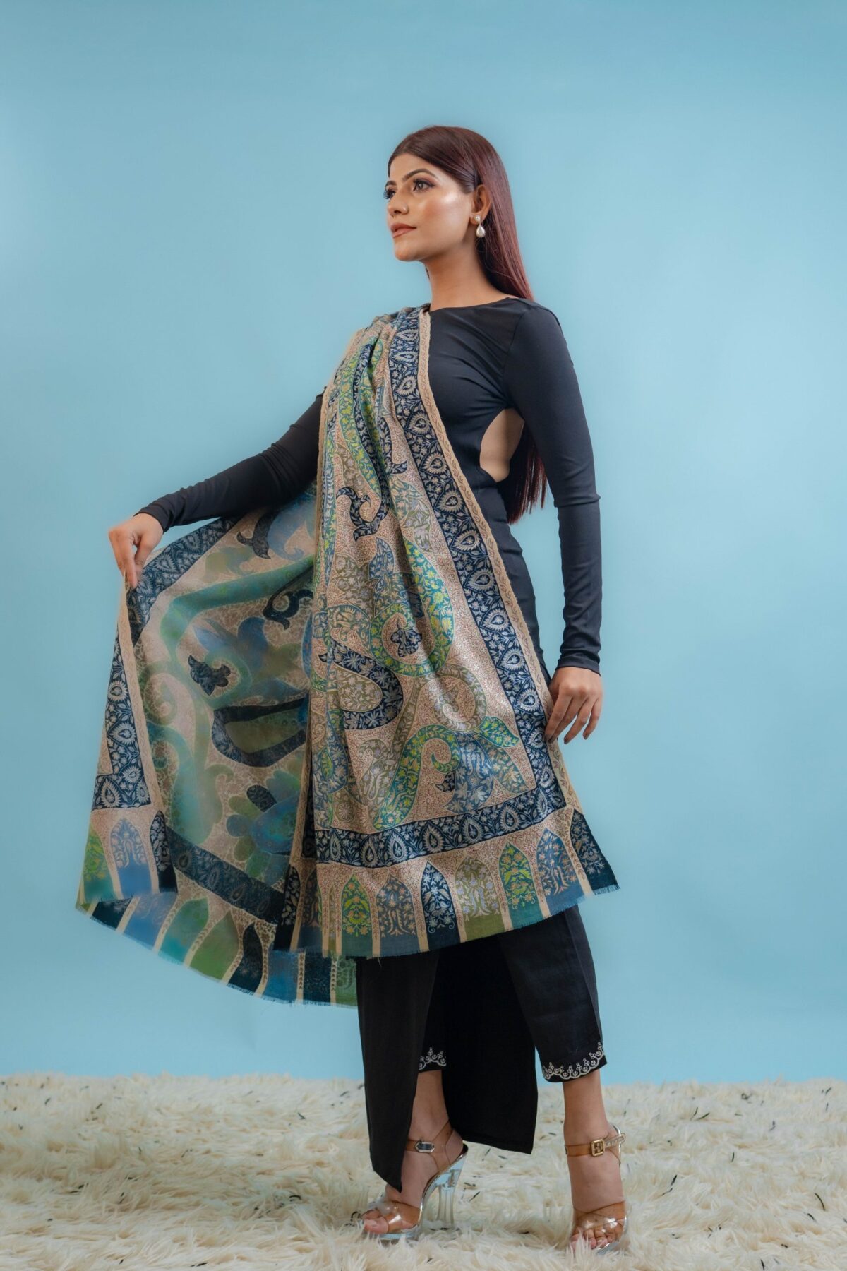 Multi Colour Kalamkari Pure Pashmina Shawl with Artistic Hand Embroidery