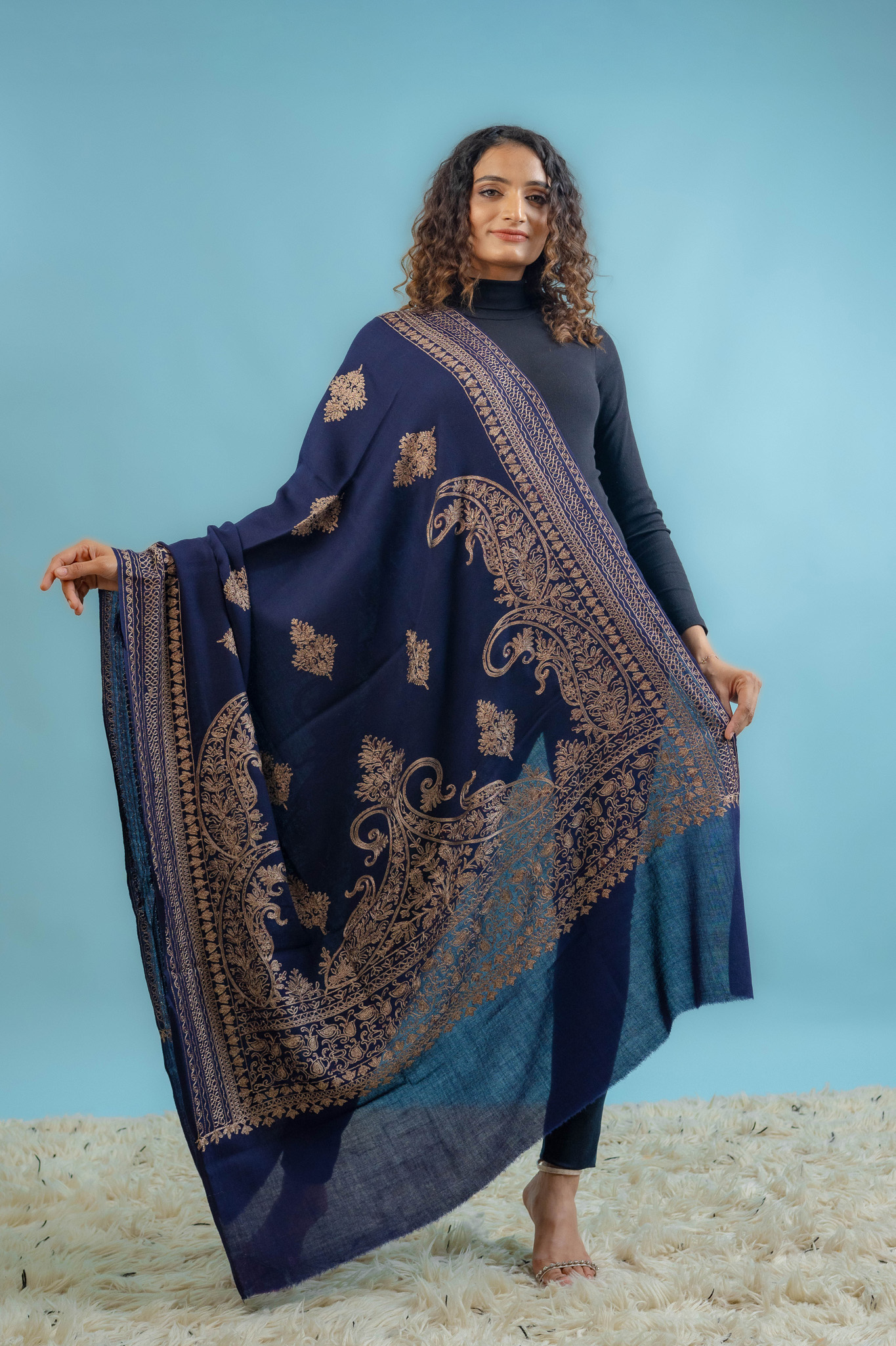 Navy Blue Pure Wool Shawl With Silk Thread Embroidery