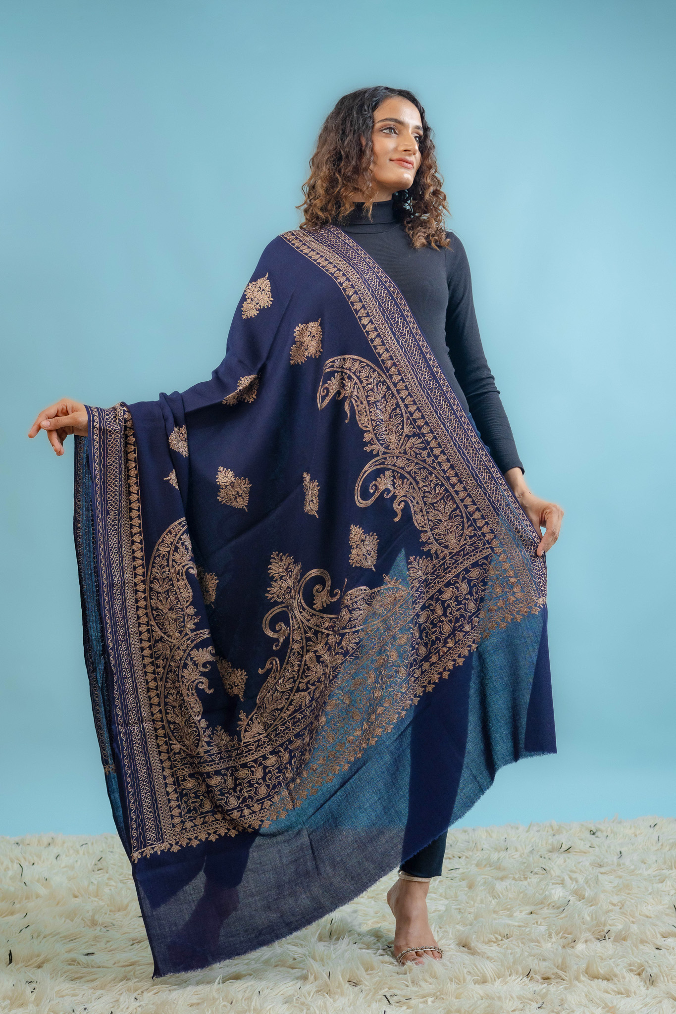 Navy Blue Pure Wool Shawl With Silk Thread Embroidery