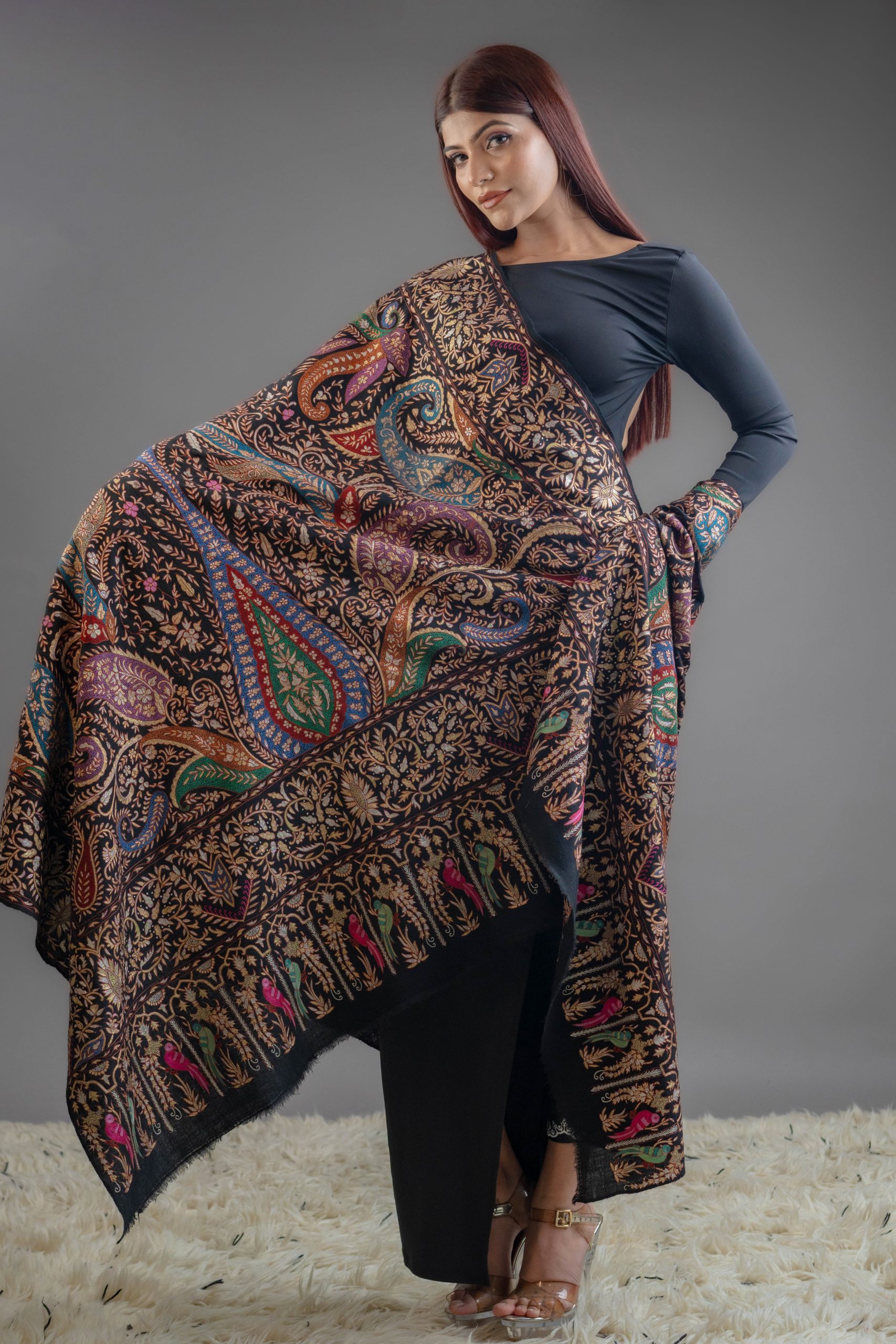 Black Pure Pashmina Shawl With Tilla and Thread Jaal Hand Embroidery