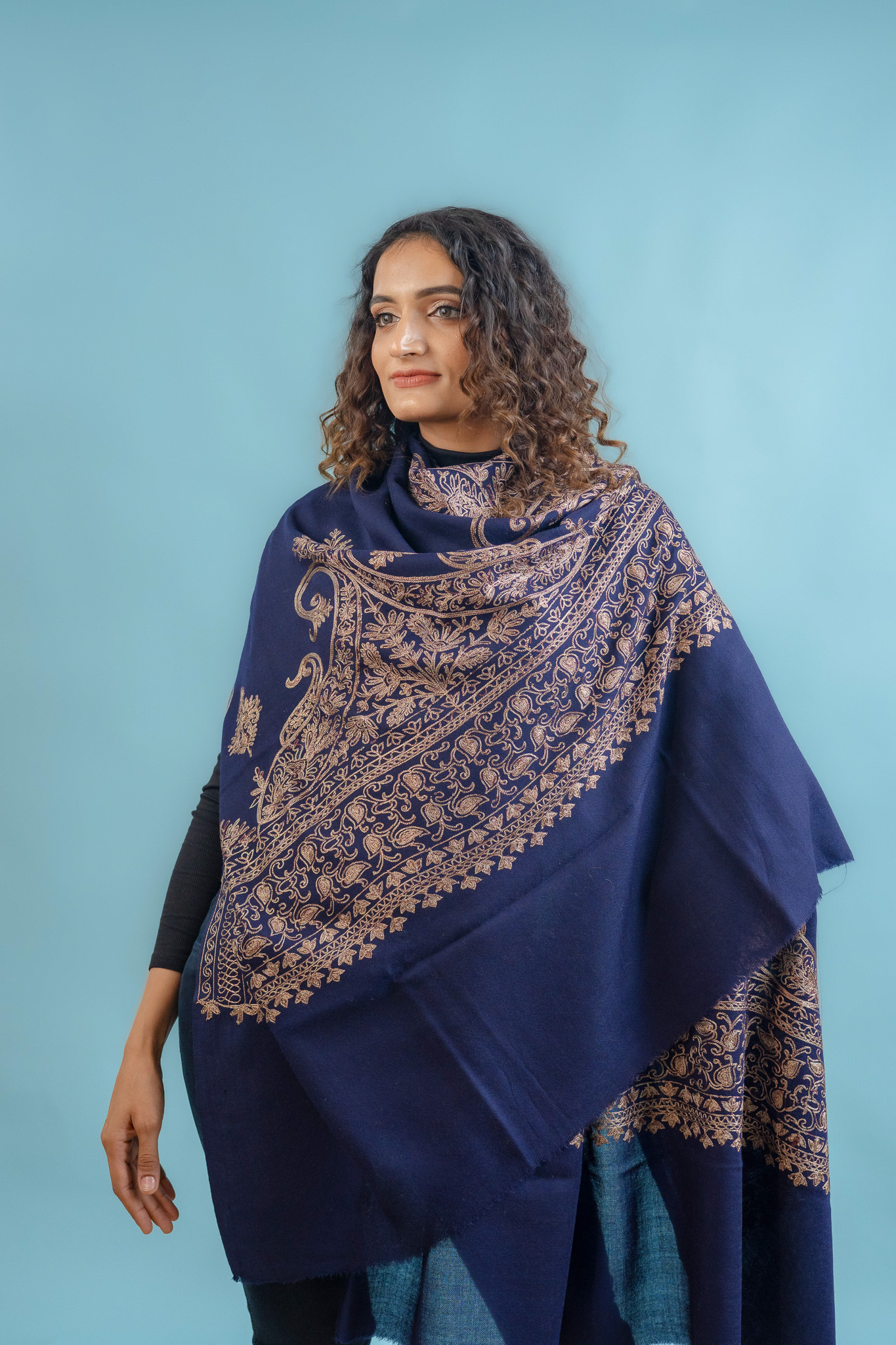 Navy Blue Pure Wool Shawl With Silk Thread Embroidery