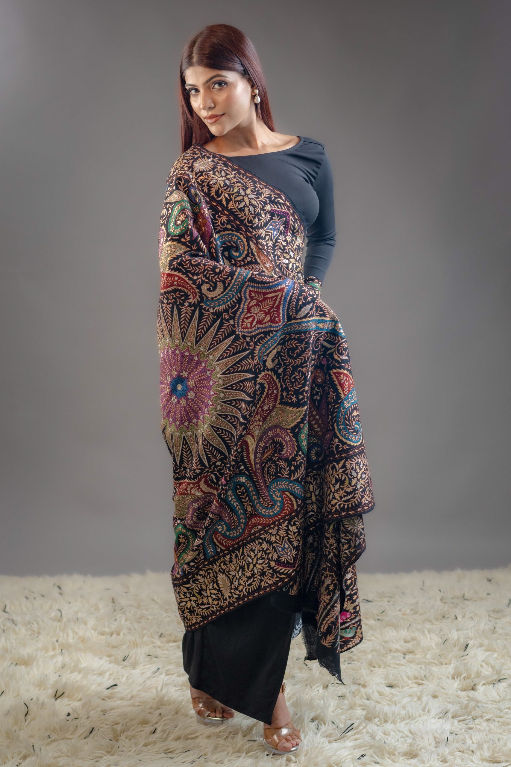 Black Pure Pashmina Shawl With Tilla and Thread Jaal Hand Embroidery
