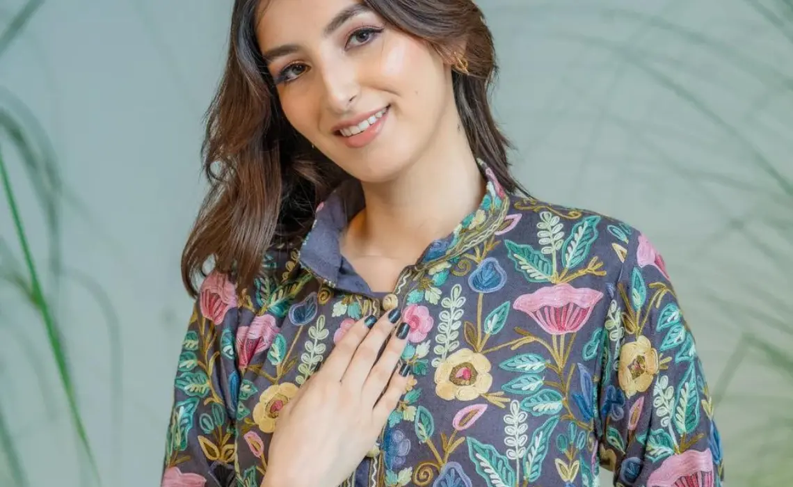 slate grey floral kashmiri aari embroidered long coat