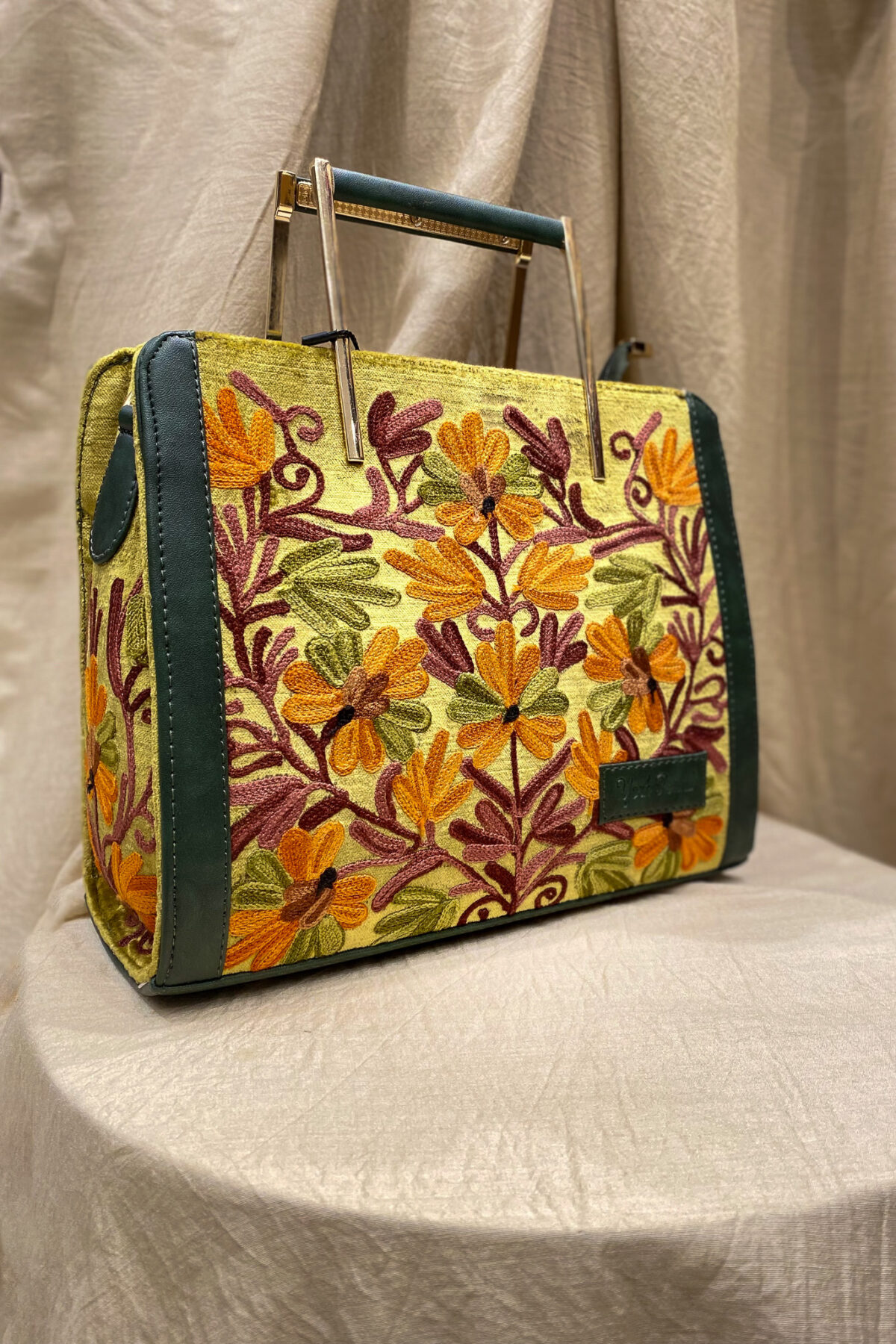 Yellow Women Hand Bag with Kashmiri Embroidery