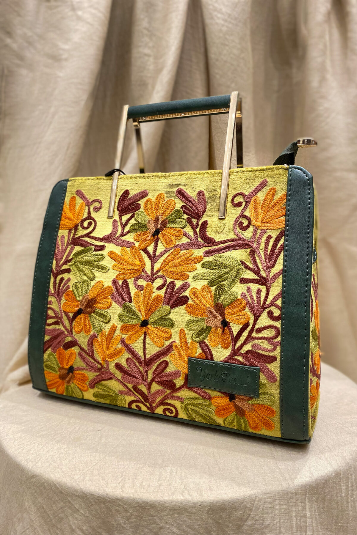 Yellow Women Hand Bag with Kashmiri Embroidery