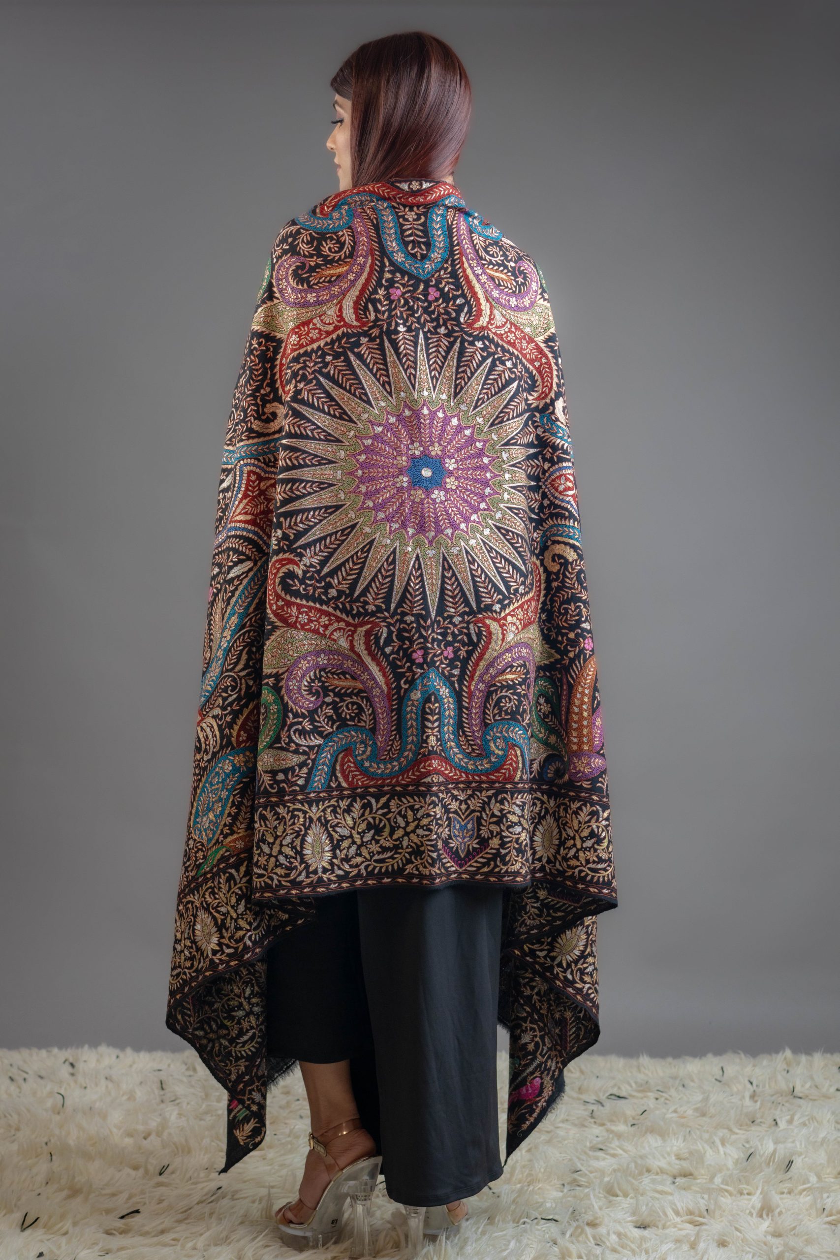Black Pure Pashmina Shawl With Tilla and Thread Jaal Hand Embroidery