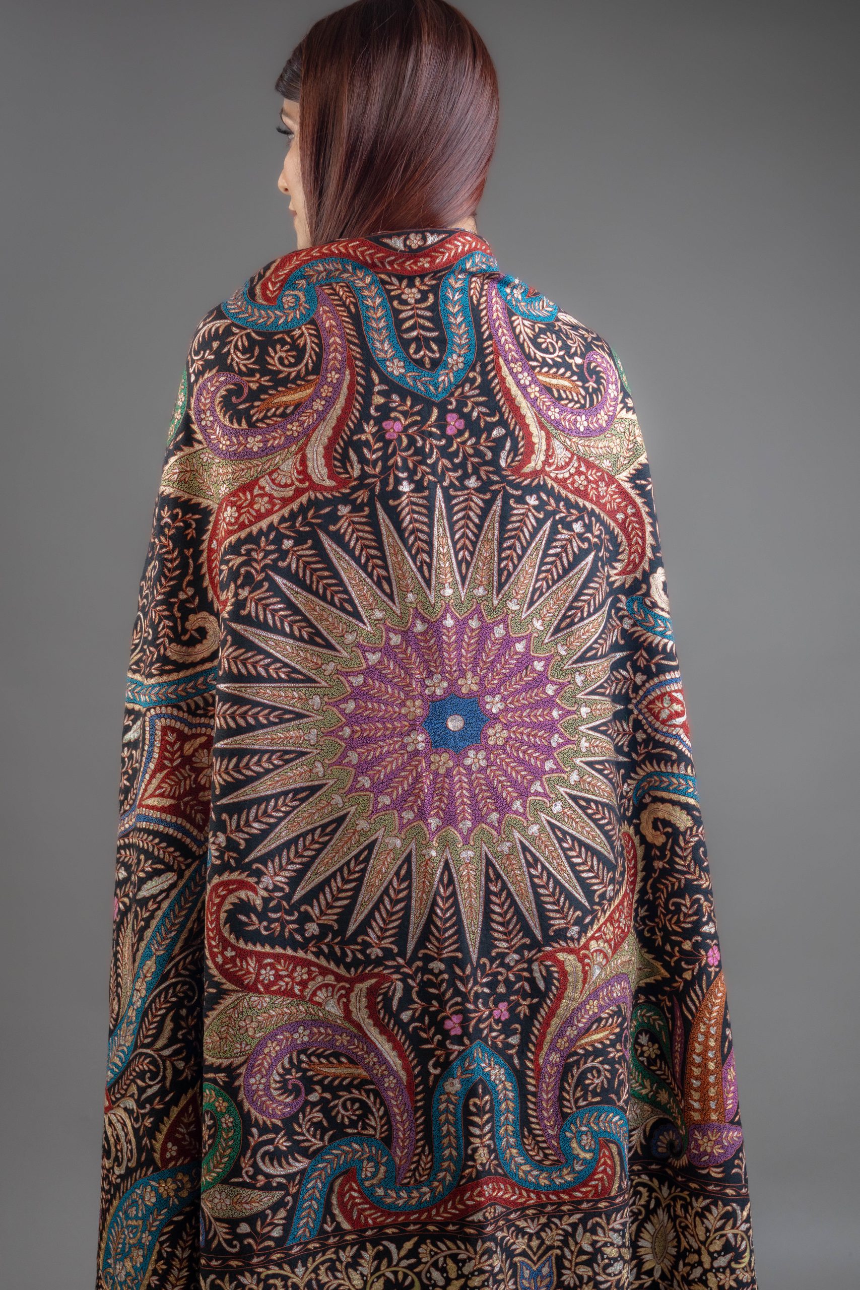 Black Pure Pashmina Shawl With Tilla and Thread Jaal Hand Embroidery
