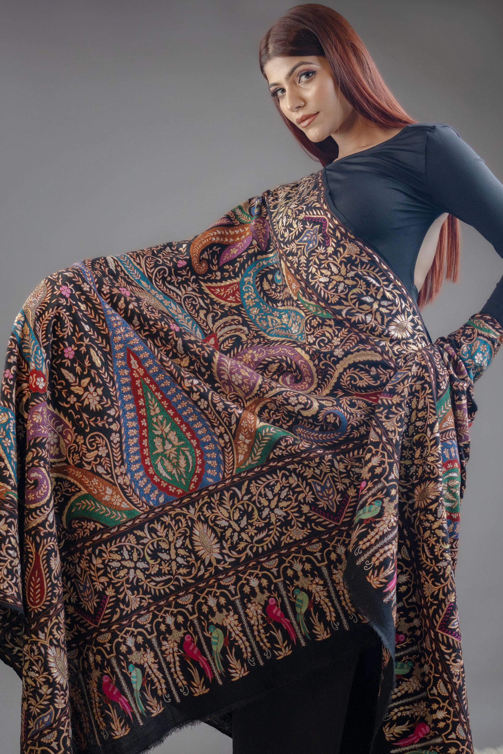 Black Pure Pashmina Shawl With Tilla and Thread Jaal Hand Embroidery