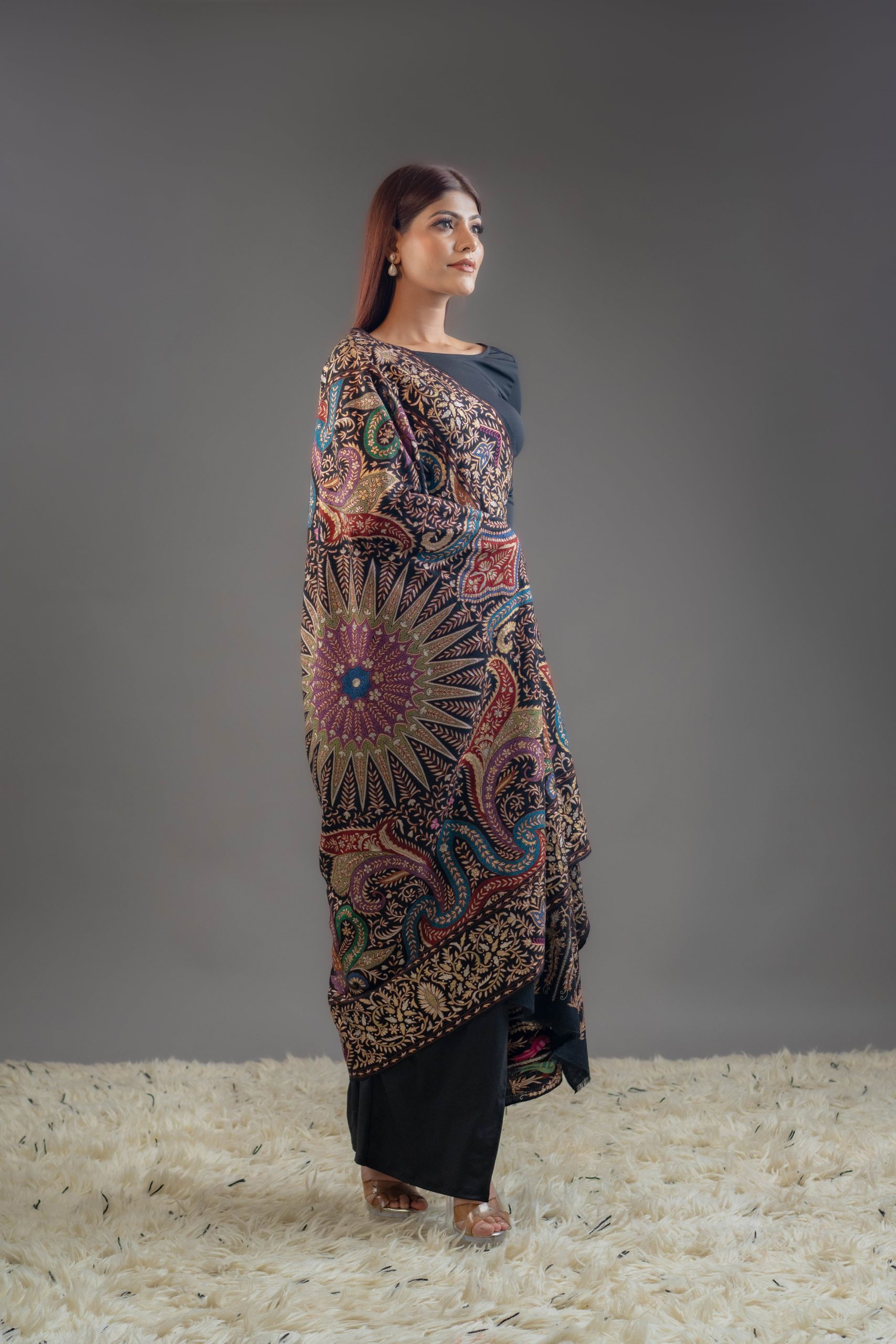 Black Pure Pashmina Shawl With Tilla and Thread Jaal Hand Embroidery