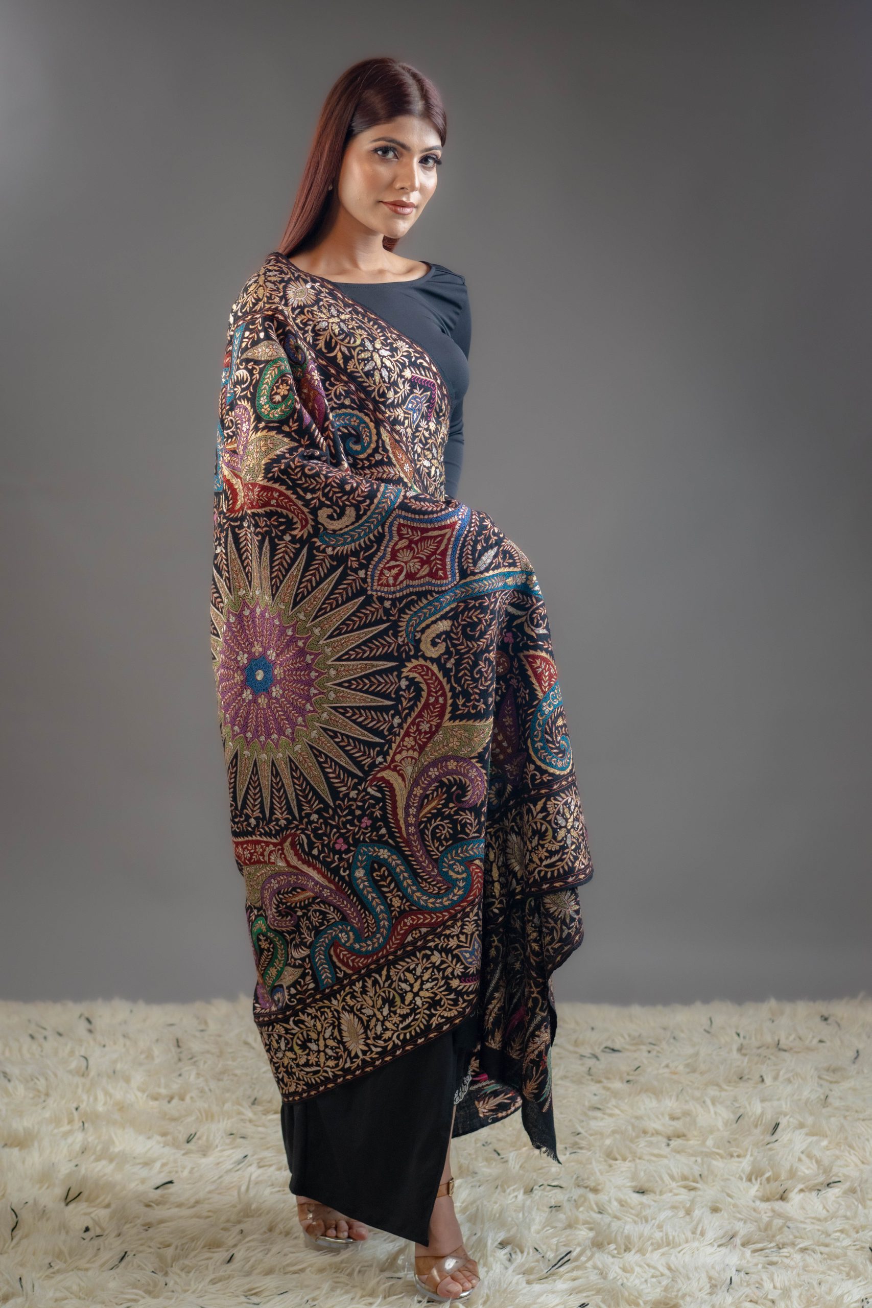 Black Pure Pashmina Shawl With Tilla and Thread Jaal Hand Embroidery