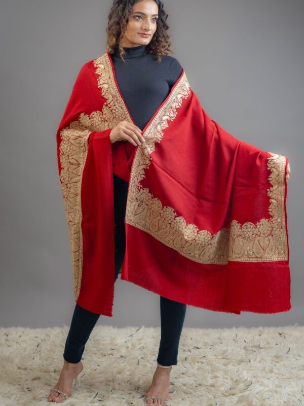 Red Pure Wool Shawl With Tilla Embroidery