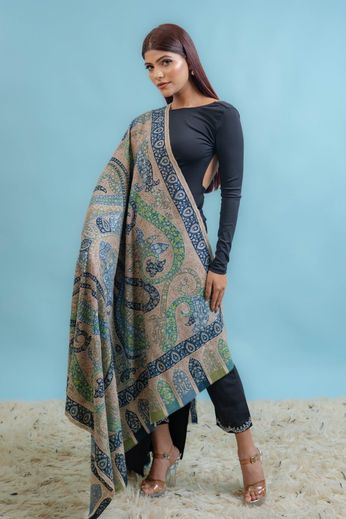 Multi Colour Kalamkari Pure Pashmina Shawl with Artistic Hand Embroidery