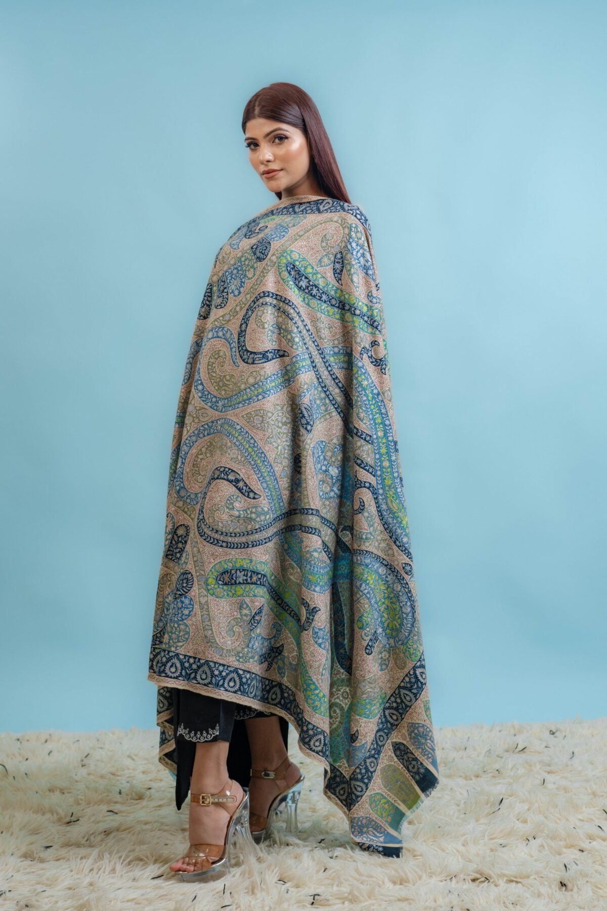 Multi Colour Kalamkari Pure Pashmina Shawl with Artistic Hand Embroidery