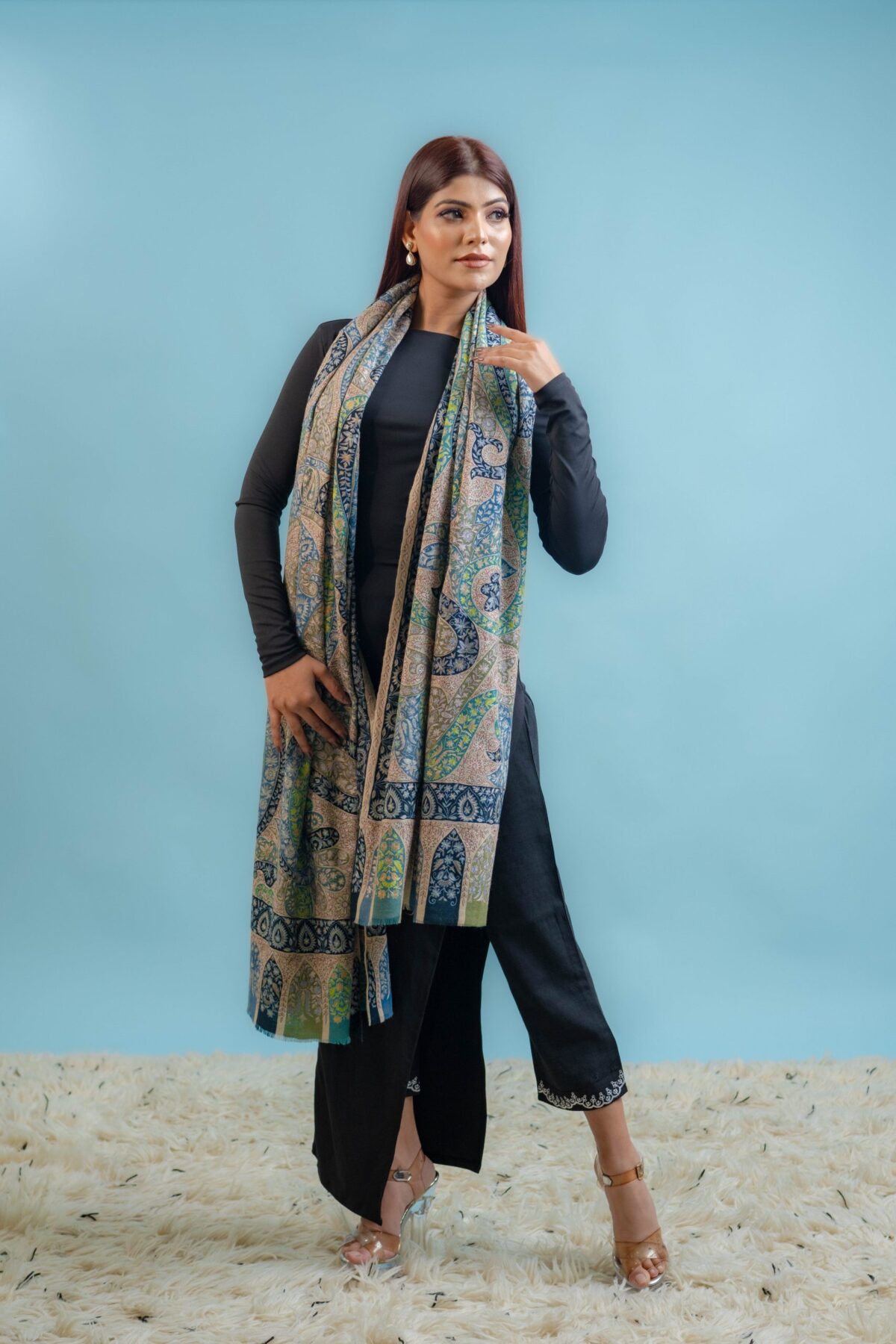 Multi Colour Kalamkari Pure Pashmina Shawl with Artistic Hand Embroidery