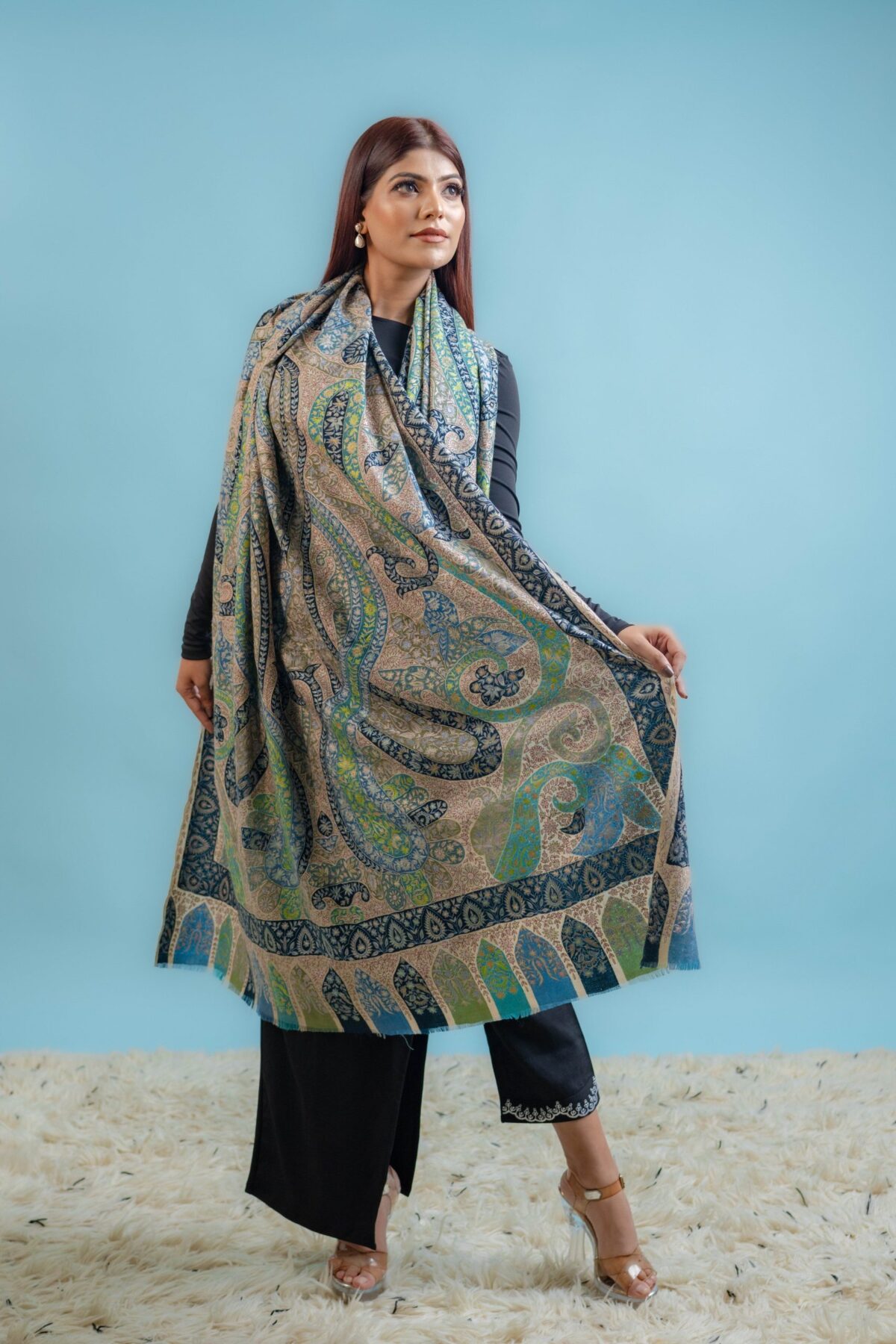Multi Colour Kalamkari Pure Pashmina Shawl with Artistic Hand Embroidery
