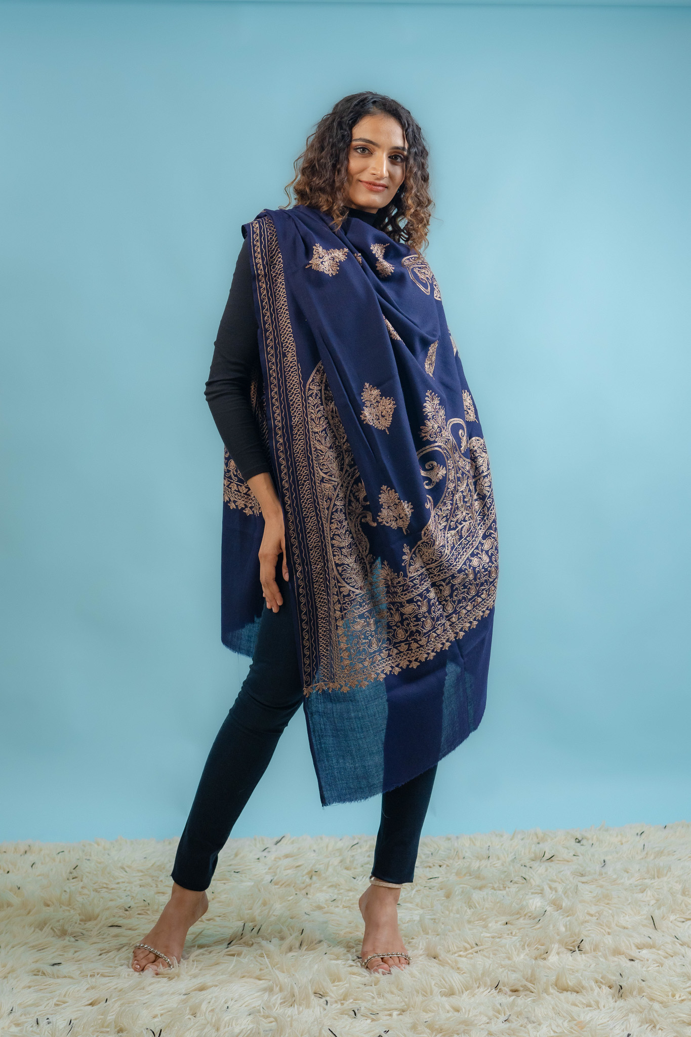 Navy Blue Pure Wool Shawl With Silk Thread Embroidery