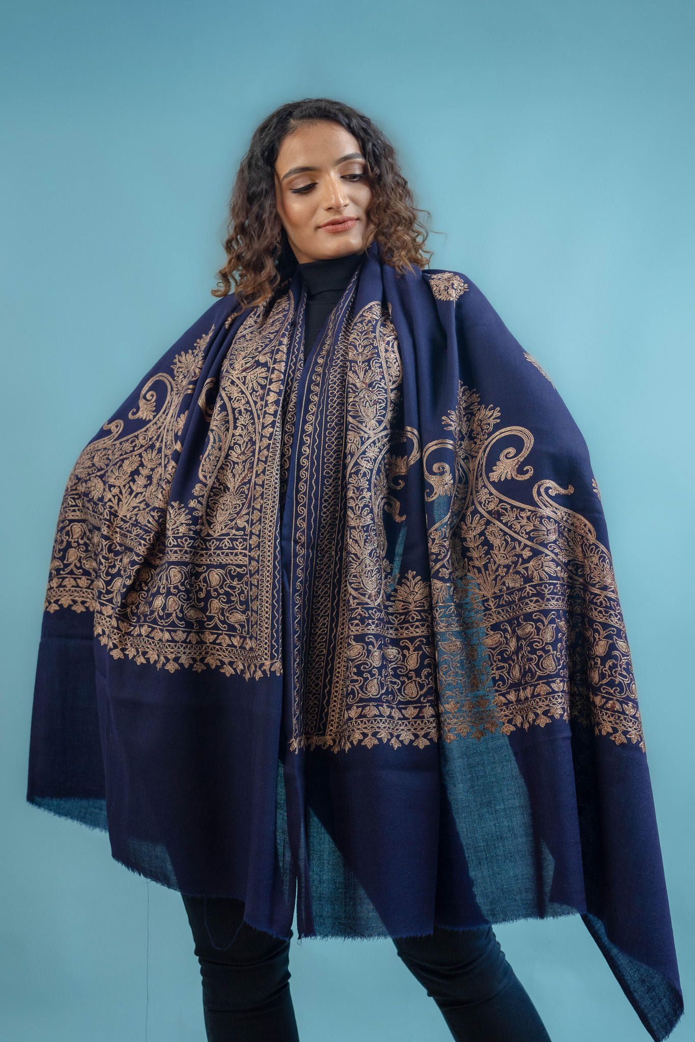 Navy Blue Pure Wool Shawl With Silk Thread Embroidery
