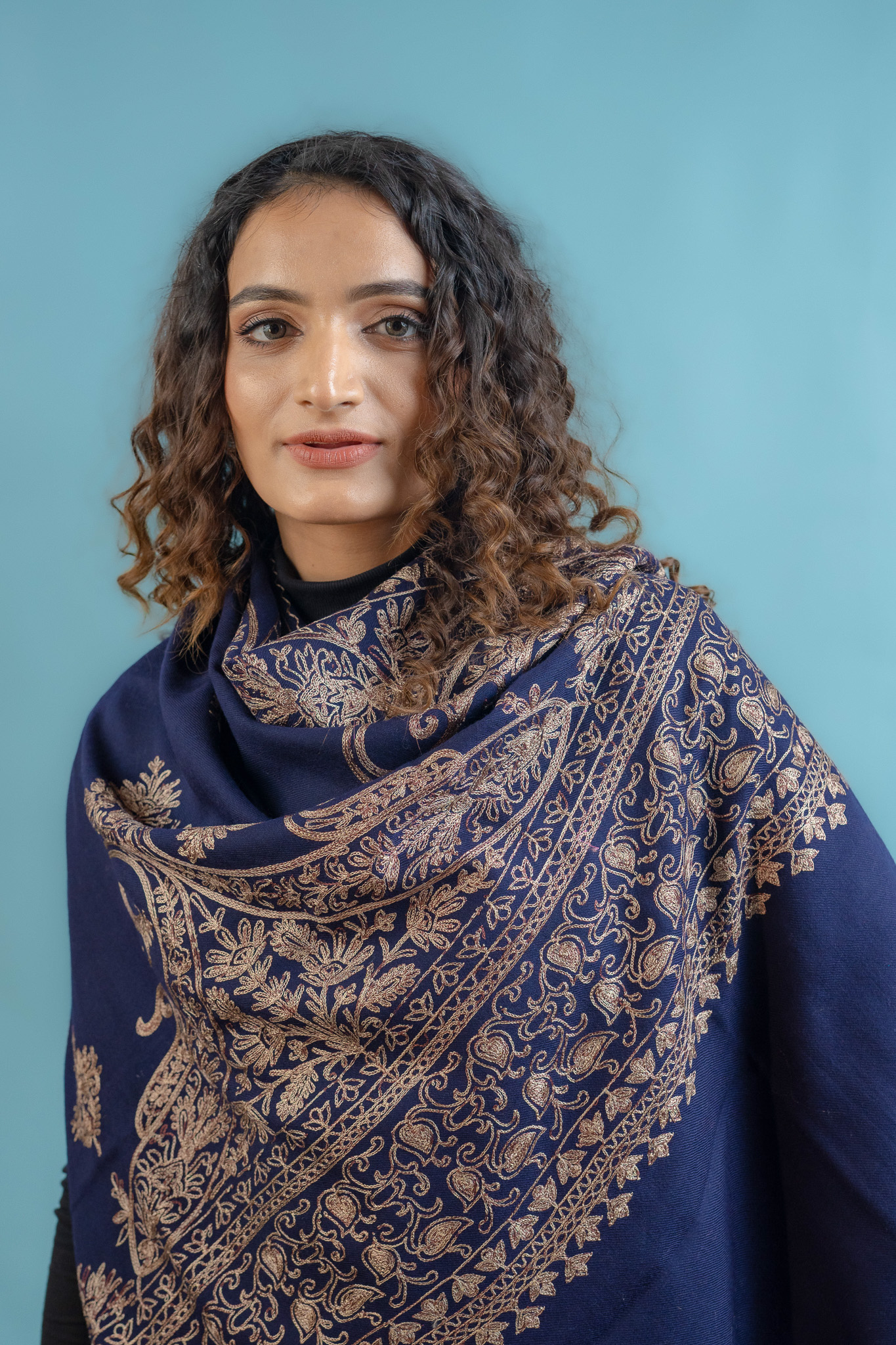 Navy Blue Pure Wool Shawl With Silk Thread Embroidery