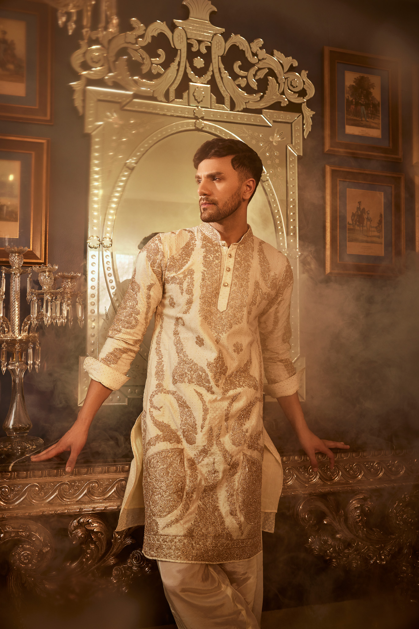 Chanderi Cotton Men Kurta Pajama with Kashmiri Tilla Embroidery