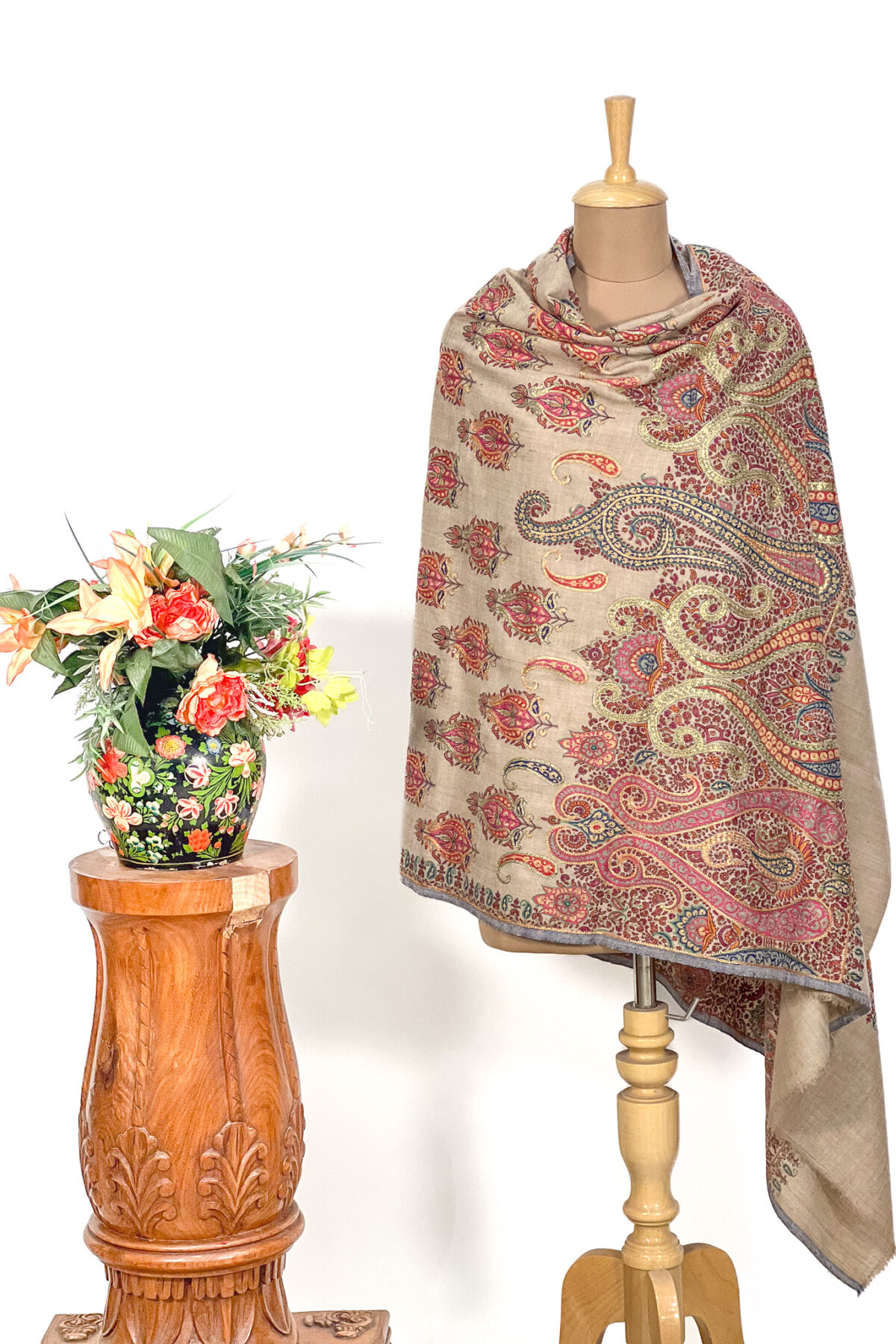 Beige Pure Pashmina Shawl With Sozni And Tilla Hand Embroidery