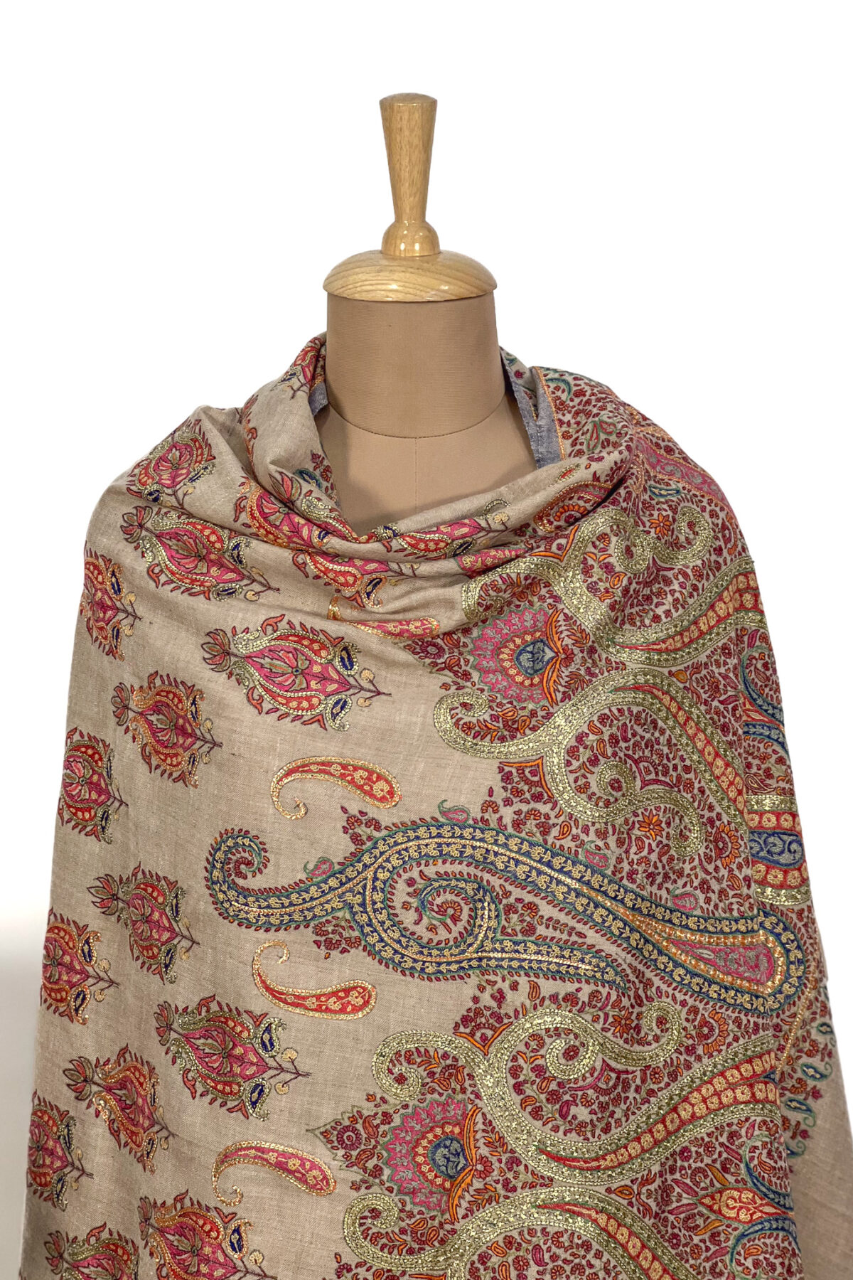 Beige Pure Pashmina Shawl With Sozni And Tilla Hand Embroidery