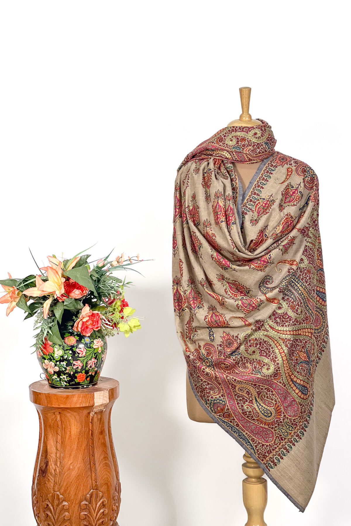 Beige Pure Pashmina Shawl With Sozni And Tilla Hand Embroidery